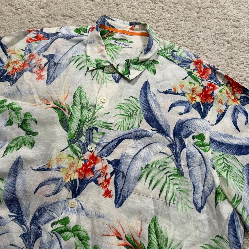 Tommy Bahama Button Up Shirt XXL White Floral Tropical Palm Linen Short Sleeve